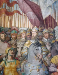 (Detail) Truppen von Kardinal Alessandro Farnese und Karl V. ziehen in den Krieg gegen die Lutheraner, in der Halle der Farnesina